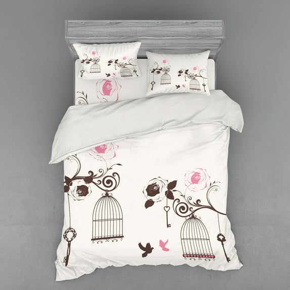 Ambesonne Vintage Bedding Set 4 Pcs, Bird Cages Keys Doves, Queen, Dark Brown Pale Pink