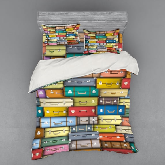 Ambesonne Vintage Bedding Set 4 Pcs, Colored Travel Suitcase, Queen, Multicolor
