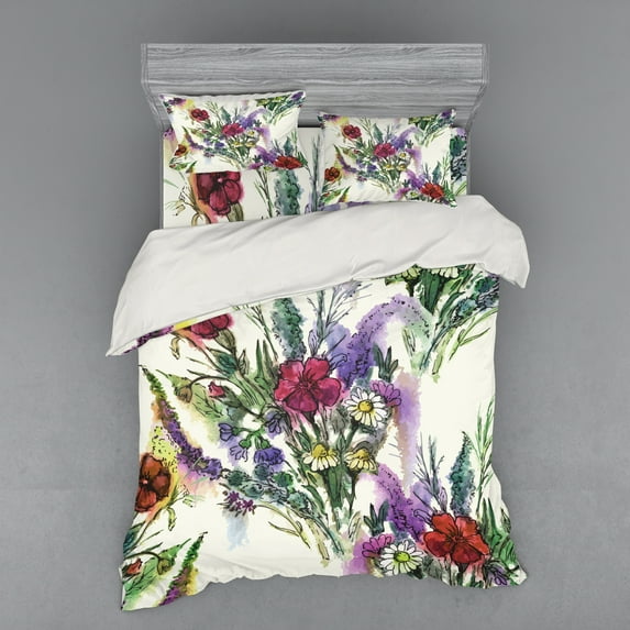 Ambesonne Vintage Bedding Set 4 Pcs, Colorful Floral Bouquet, Queen, Cream Multicolor