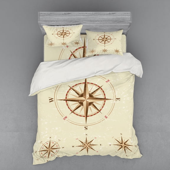 Ambesonne Vintage Bedding Set 4 Pcs, Compass Nautical Retro, Queen, Beige Tan