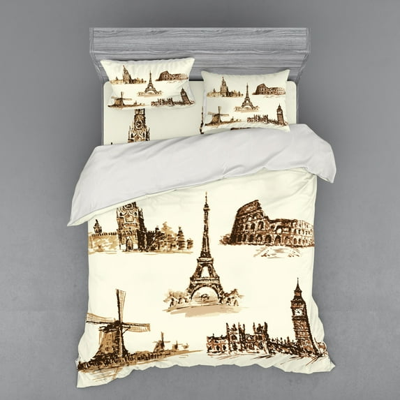 Ambesonne Vintage Bedding Set 4 Pcs, European Landmarks City, Queen, Brown and Cream