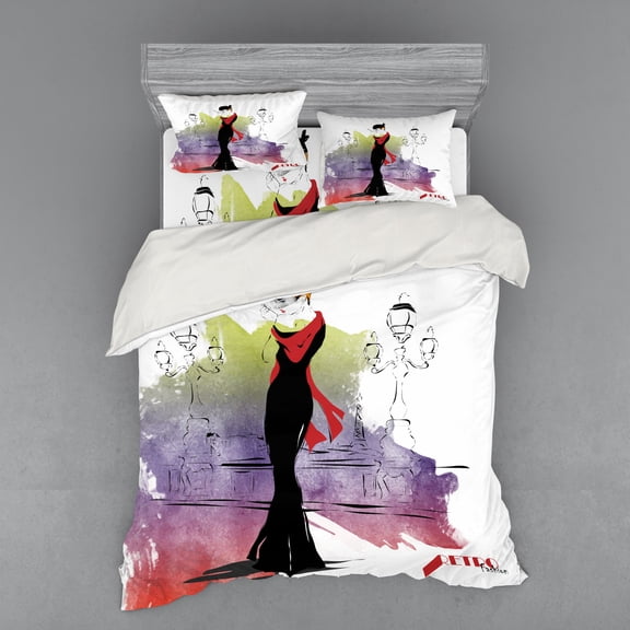 Ambesonne Vintage Bedding Set 4 Pcs, Fashion Lady on Street, Queen, Multicolor