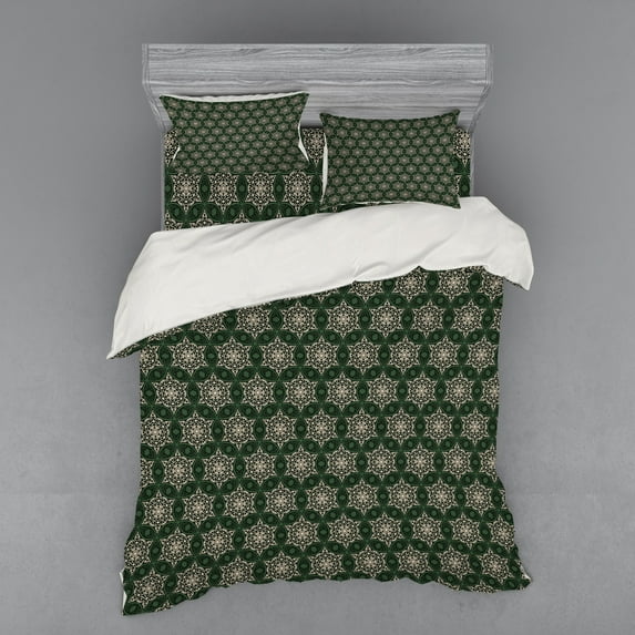 Ambesonne Vintage Bedding Set 4 Pcs, Floral Motif Timeless Retro, Queen, Emerald Beige