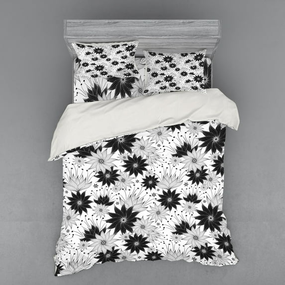 Ambesonne Vintage Bedding Set 4 Pcs, Flowers Bridal Floral, Queen, White Black