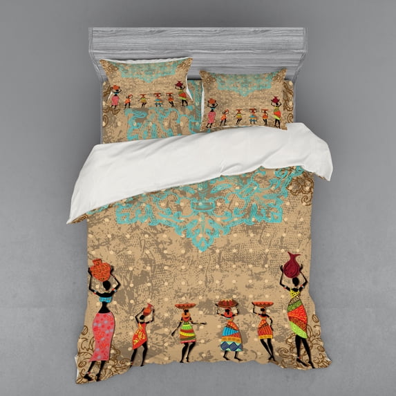 Ambesonne Vintage Bedding Set 4 Pcs, Folkloric Boho African, Queen, Seafoam Cocoa