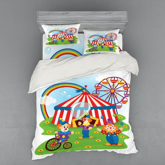 Ambesonne Vintage Bedding Set 4 Pcs, Fun Circus Scene Clowns, Queen, Multicolor