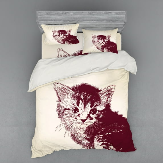 Ambesonne Vintage Bedding Set 4 Pcs, Grunge Retro Kitty Cat, Queen, Maroon Cream