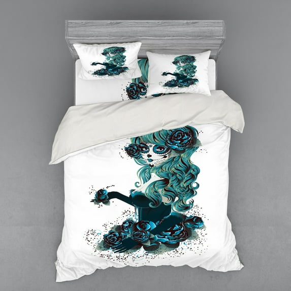 Ambesonne Vintage Bedding Set 4 Pcs, Grunge Skull Girl Roses, Queen, Petrol Blue White