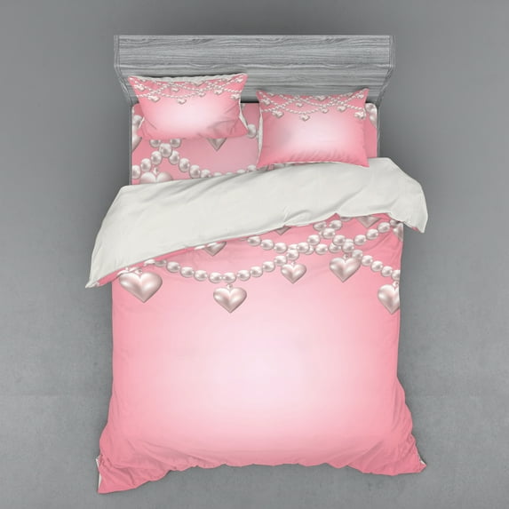 Ambesonne Vintage Bedding Set 4 Pcs, Heart Pearl Necklace, Queen, Beige Pink