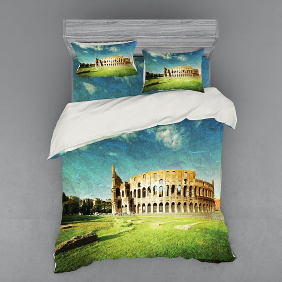 Ambesonne Vintage Bedding Set 4 Pcs, Italian Sunset Rome, Queen, Green Blue