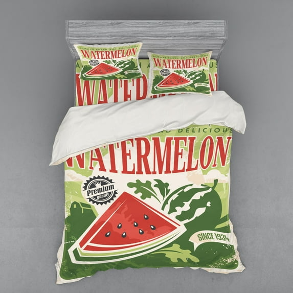 Ambesonne Vintage Bedding Set 4 Pcs, Old Faded Funny Graphic, Queen, Green Red Ecru