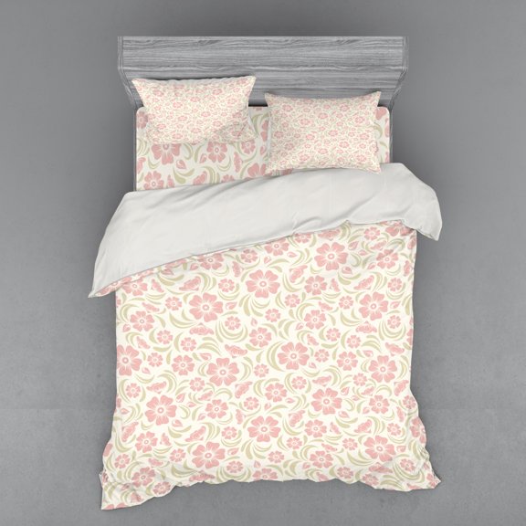 Ambesonne Vintage Bedding Set 4 Pcs, Old Fashioned Floral, Queen, Rose Pale Green White