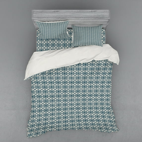 Ambesonne Vintage Bedding Set 4 Pcs, Old Motifs and Star Flowers, Queen, Dark Teal Eggshell