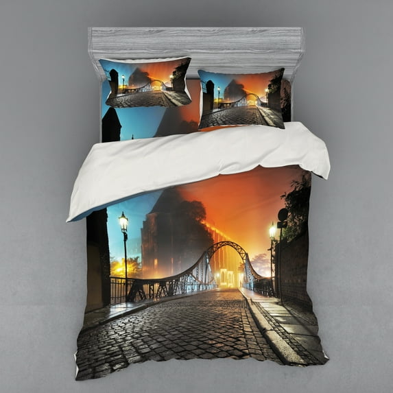 Ambesonne Vintage Bedding Set 4 Pcs, Old Town Bridge Night, Queen, Grey Orange