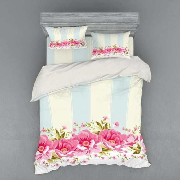 Ambesonne Vintage Bedding Set 4 Pcs, Pink Peony Border Tile, Queen, Pale Pink Pale Blue