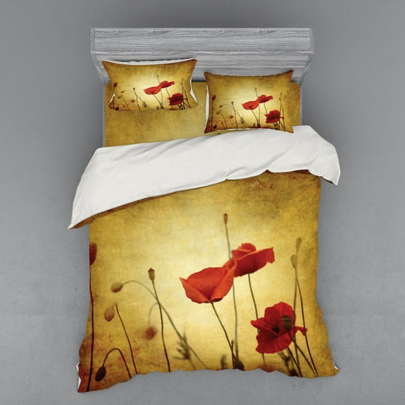 Ambesonne Vintage Bedding Set 4 Pcs, Poppy Flowers Bohemian, Queen, Pale Brown Vermilion