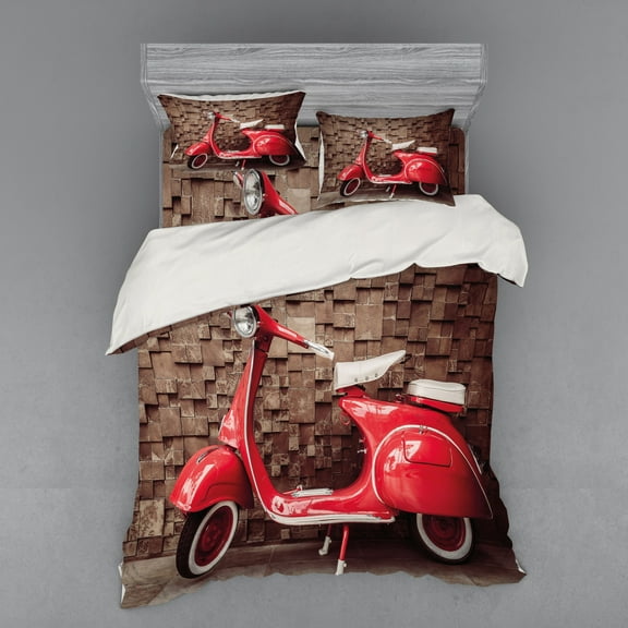 Ambesonne Vintage Bedding Set 4 Pcs, Retro Nostalgic Scooter, Queen, Red Umber