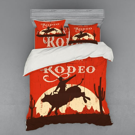 Ambesonne Vintage Bedding Set 4 Pcs, Rodeo Cowboy Rides Bull, Queen, Orange Brown