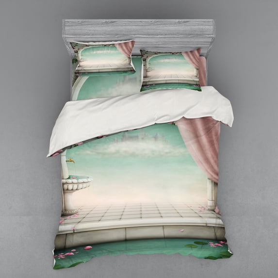 Ambesonne Vintage Bedding Set 4 Pcs, Royal Balcony Imaginary, Queen, Mint Green Rose Coconut