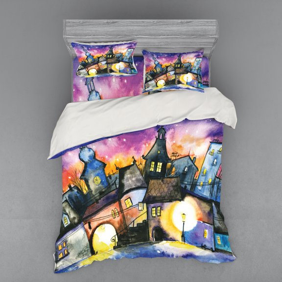 Ambesonne Vintage Bedding Set 4 Pcs, Town Night Watercolor, Queen, Multicolor