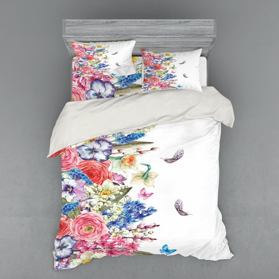 Ambesonne Vintage Bedding Set 4 Pcs, Vivid Floral Nature, Queen, Pink Blue