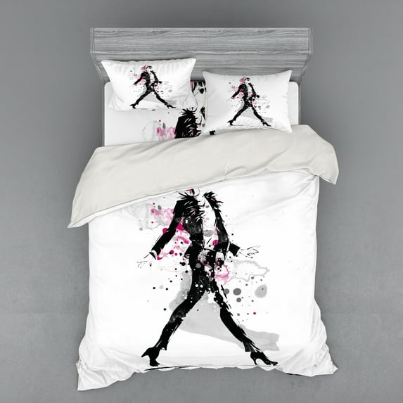 Ambesonne Vintage Bedding Set 4 Pcs, Woman Catwalk, Queen, Black and Pink