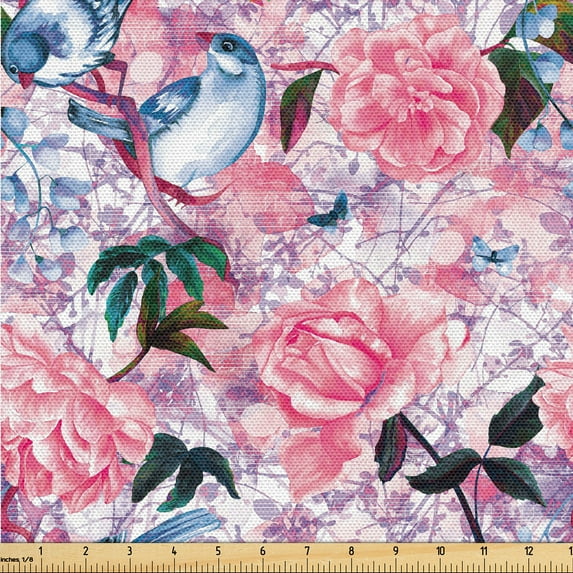 Ambesonne Vintage Birds Fabric by the Yard Upholstery, Dreamy Aura Print, 1 Yard, Hot Pink and Pale Blue
