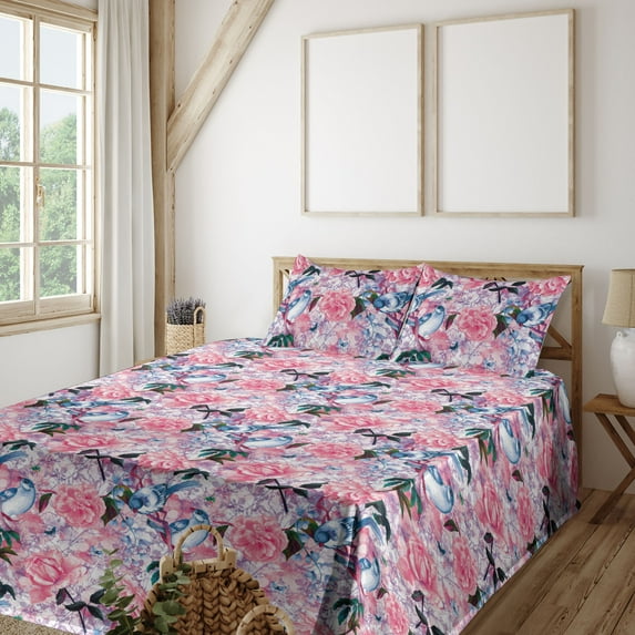 Ambesonne Vintage Birds Fitted & Flat Sheet with Shams 4 Pcs Set, Dreamy Aura Print, Full, Hot Pink and Pale Blue