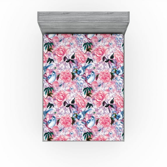 Ambesonne Vintage Birds Fitted Sheet, Dreamy Aura Print, Full Size, Hot Pink and Pale Blue