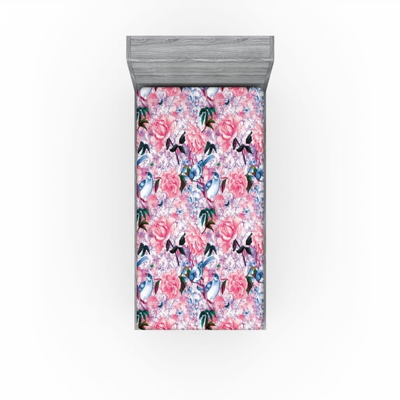 Ambesonne Vintage Birds Fitted Sheet, Dreamy Aura Print, Twin Size, Hot Pink and Pale Blue