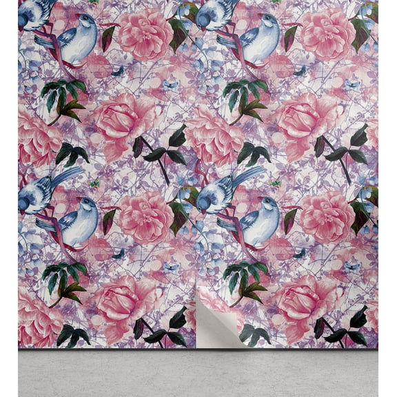 Ambesonne Vintage Birds Peel & Stick Wallpaper for Home, Dreamy Aura Print, 13"x36", Hot Pink and Pale Blue