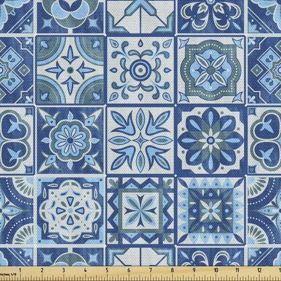 Ambesonne Vintage Blue Fabric by the Yard Upholstery, Mosaic Bloom Squares, 1 Yard, Pale Sage Green