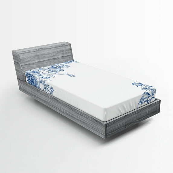 Ambesonne Vintage Blue Fitted Sheet, Peony Rose Buds, Twin XL Size, Cobalt Blue and White