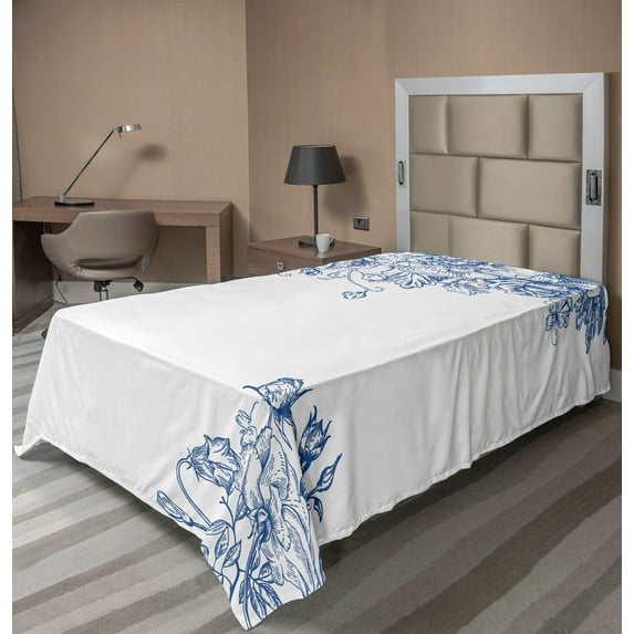 Ambesonne Vintage Blue Flat Sheet, Peony Rose Buds, Twin Size, Cobalt Blue and White