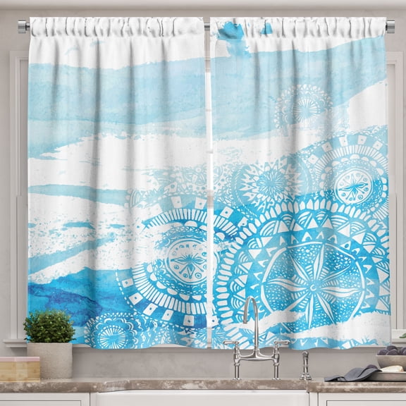 Ambesonne Vintage Blue Kitchen Curtains, Brush Stroked Lace, 55"x39", Pale Blue Blue