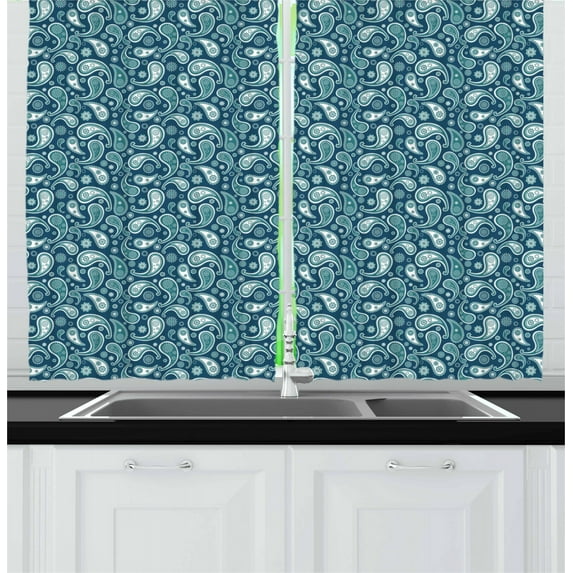 Ambesonne Vintage Blue Kitchen Curtains, Eastern Paisley, 55"x45", Dark Blue Teal and White