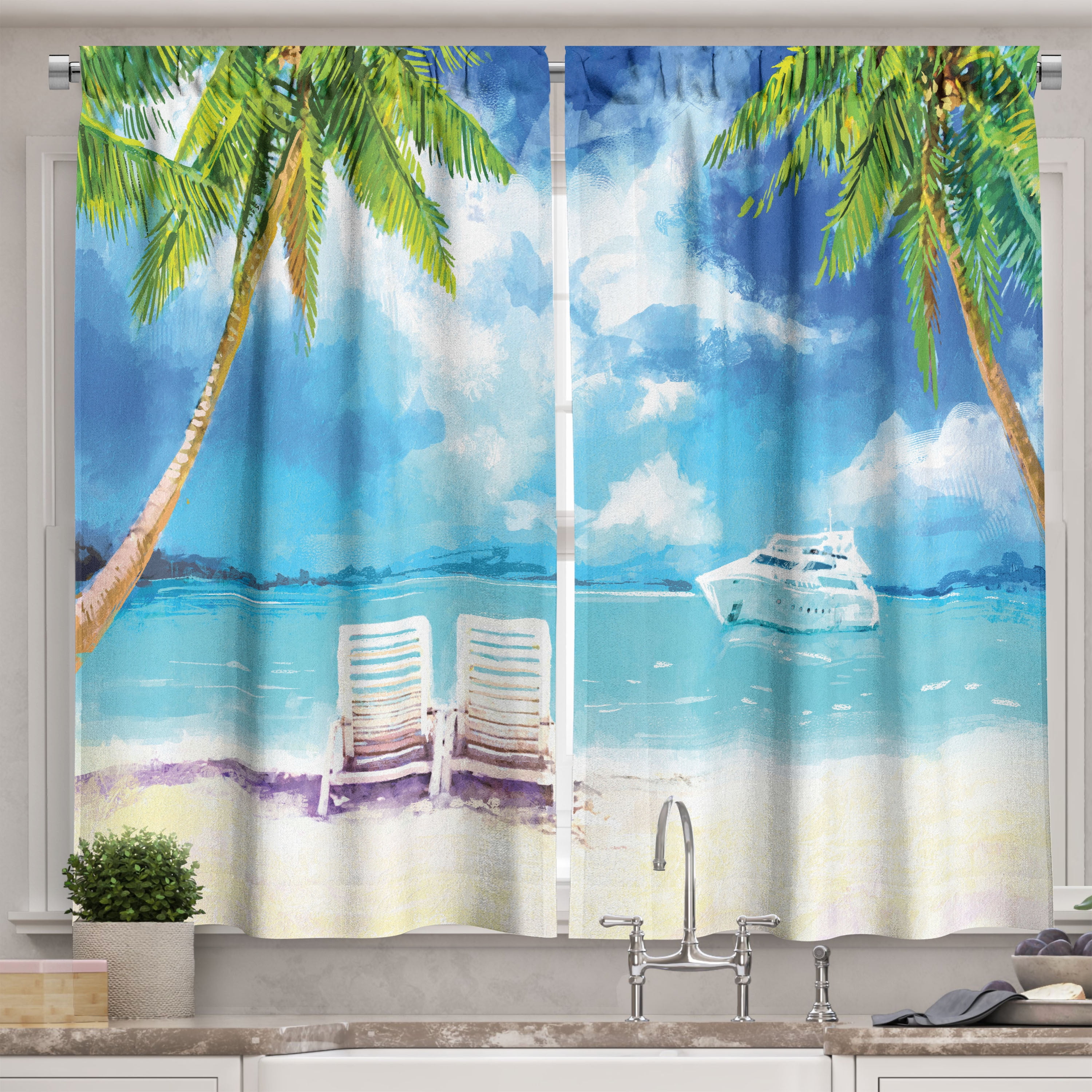 Ambesonne Vintage Boat Kitchen Curtains, Exotic Beach Palms, 55