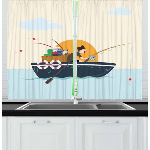 Ambesonne Vintage Boat Kitchen Curtains, Fisher Man Hobby, 55"x39", Multicolor