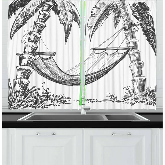 Ambesonne Vintage Boat Kitchen Curtains, Hammock Palm Trees, 55"x39", Charcoal Grey White