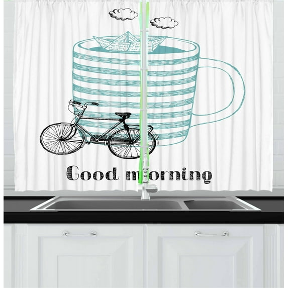 Ambesonne Vintage Boat Kitchen Curtains, Morning Cup, 55"x39", Seafoam and Black