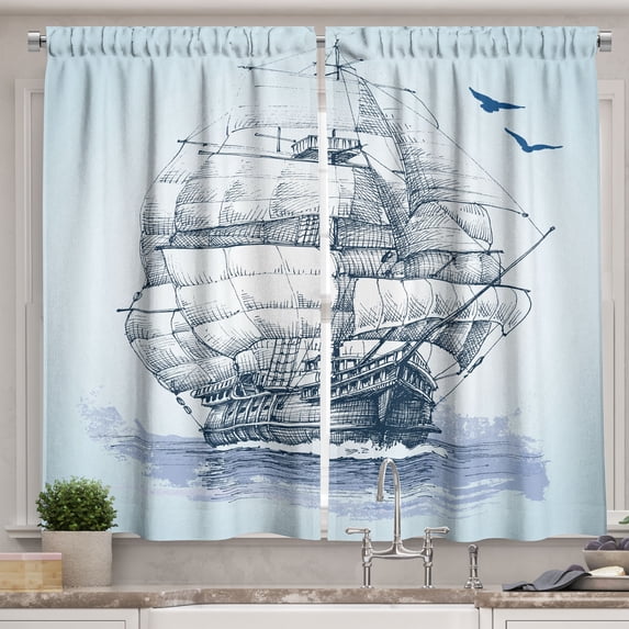 Ambesonne Vintage Boat Kitchen Curtains, Old Ship at Sea, 55"x39", Pale Blue Dark Blue
