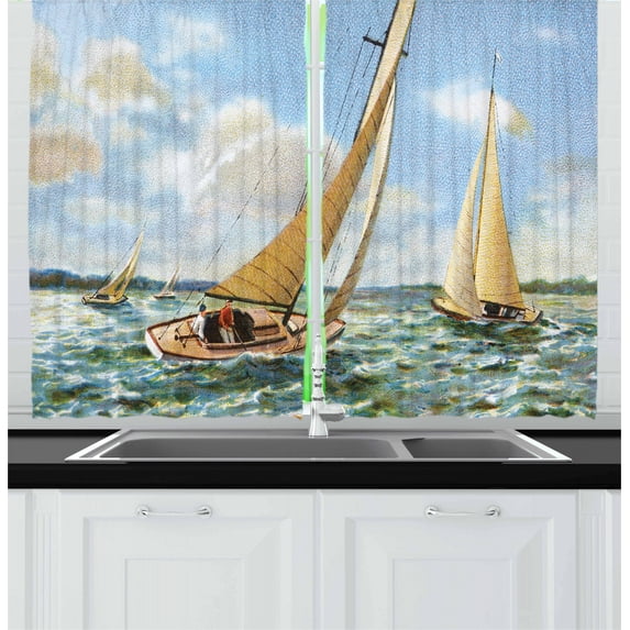 Ambesonne Vintage Boat Kitchen Curtains, Sailing Wavy Sea, 55"x39", Multicolor