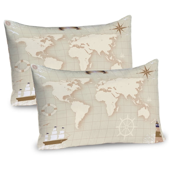 Ambesonne Vintage Boat Pillow Sham 2 Pack, Old World Map, 36"x20", Eggshell Tan Beige