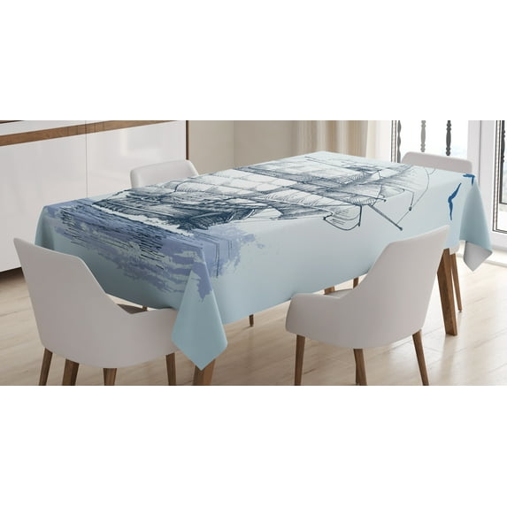 Ambesonne Vintage Boat Tablecloth Rectangular Table Cover, Old Ship at Sea, 60"x84", Pale Blue Dark Blue