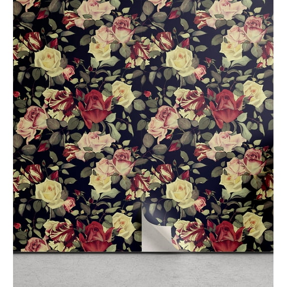 Ambesonne, Vintage Boho Peel & Stick Wallpaper for Home, English Garden Flowers, 13"x100", Cream Dark Pink Indigo