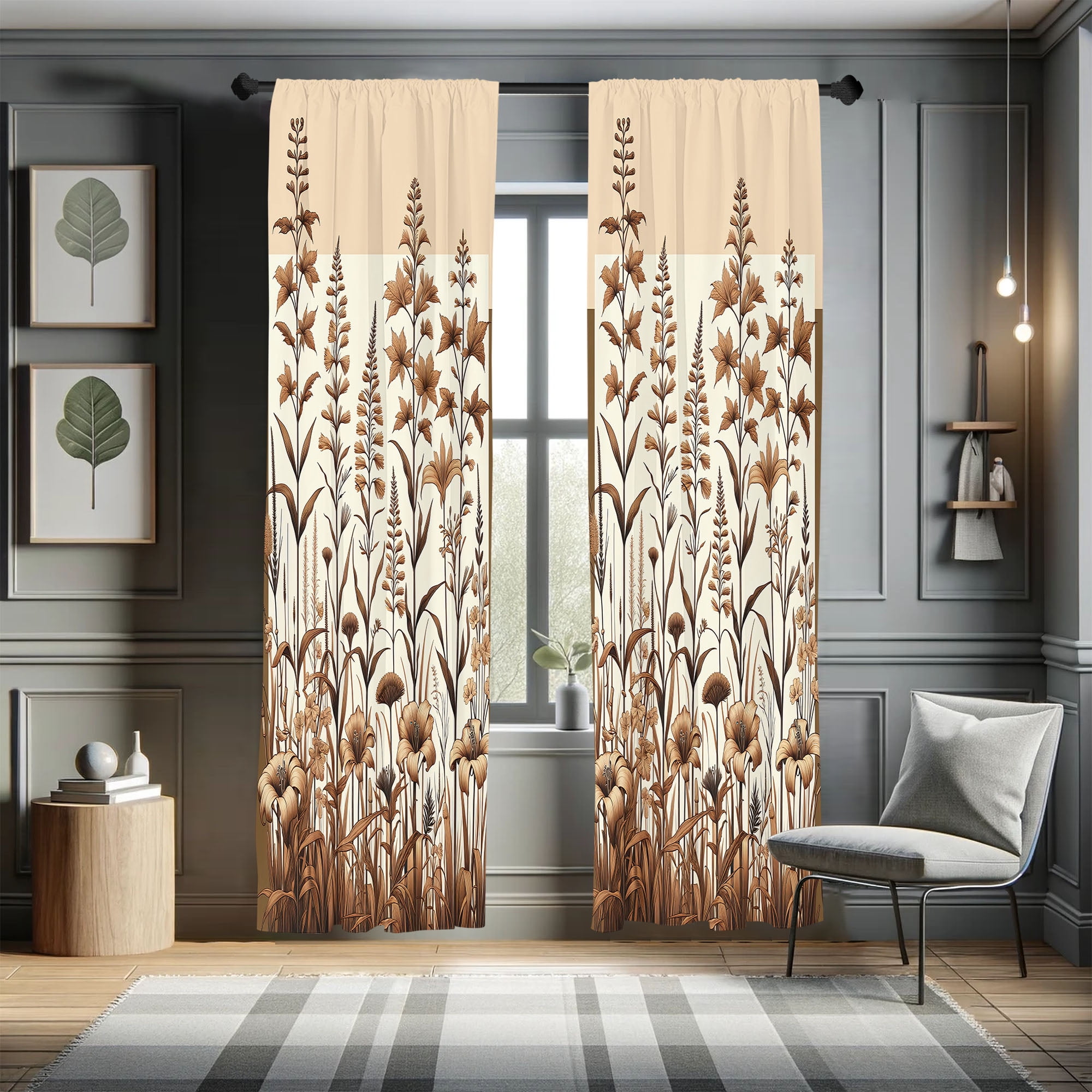 Botanical Meadow Blue and Beige Microfiber Rod Pocket Curtains