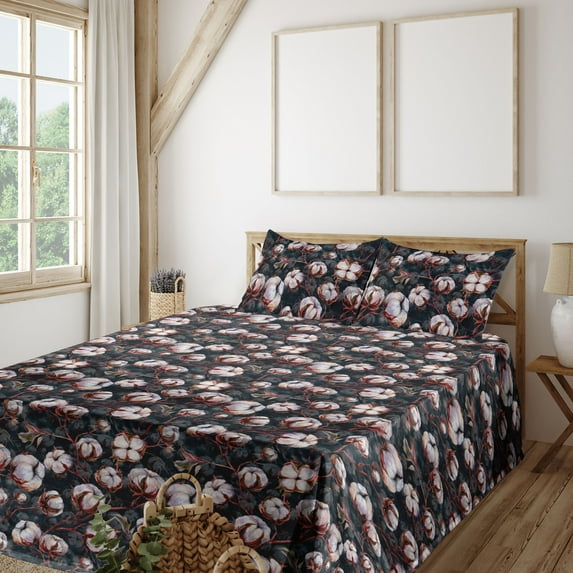 Ambesonne Vintage Botanical Fitted & Flat Sheet with Sham 3 Pcs Set, Nostalgic Floral, Twin XL, Purpleblue Maroon