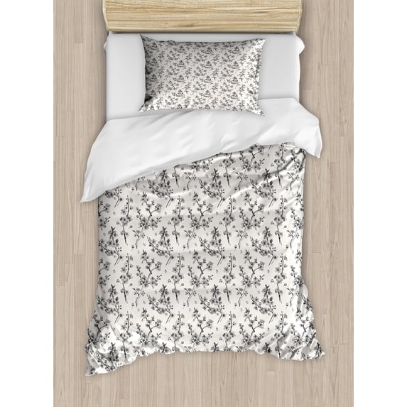 Ambesonne Vintage Botany Duvet Cover Set, Sakura Bloom Sketch, Twin, Champagne Charcoal Grey