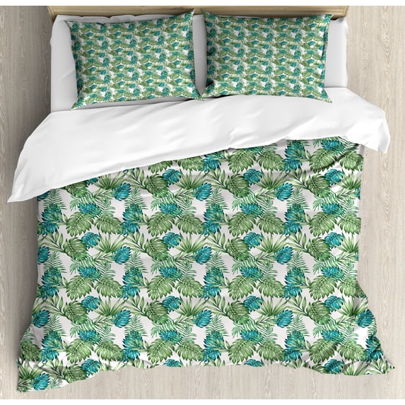 Ambesonne Vintage Botany Duvet Cover Sets, Exotic Palm Tree, 2-King, Pale Green Dark Seafoam