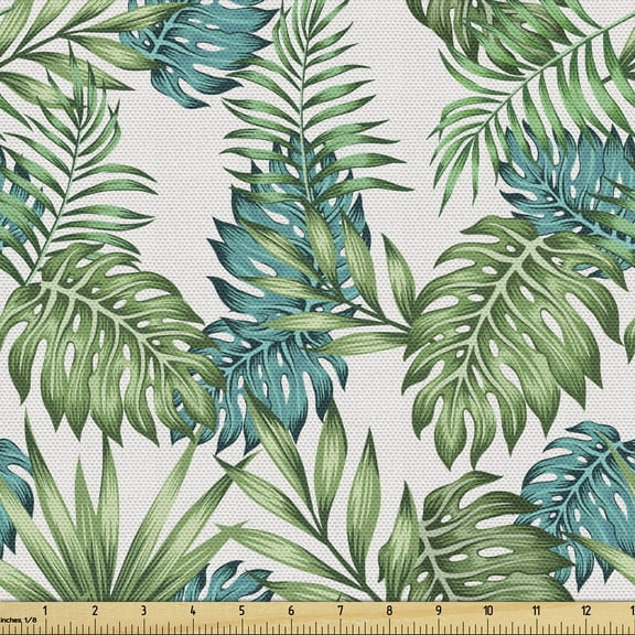 Ambesonne Vintage Botany Fabric by the Yard Upholstery, Exotic Palm Tree, 5 Yards, Pale Green Dark Seafoam